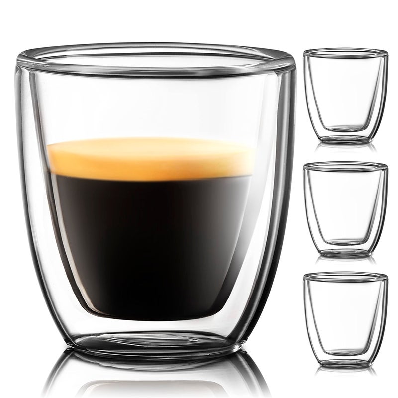 Evaryl Glass Espresso Cups Set of 4 - Double Walled Espresso Cup 2.7 OZ - Wide Italian Style Clear Doppio Espresso Cup - Double Espresso Cups - Espresso Accessories Small Double Wall Expresso Coffee Cup - Image 1